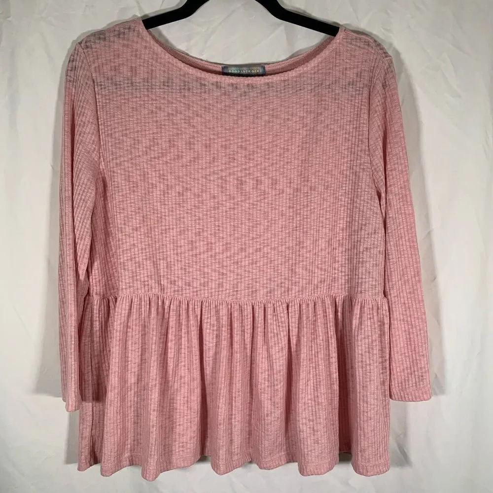 Good Luck Gem Blouse Women’s Medium Pink Ribbed 3/4 Sleeve Round Neck